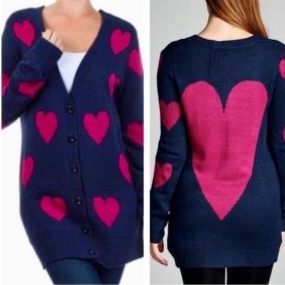 The Classic Sweaters - Women’s The Classic Navy and Pink Heart Button Up Acrylic Cardigan Size Small